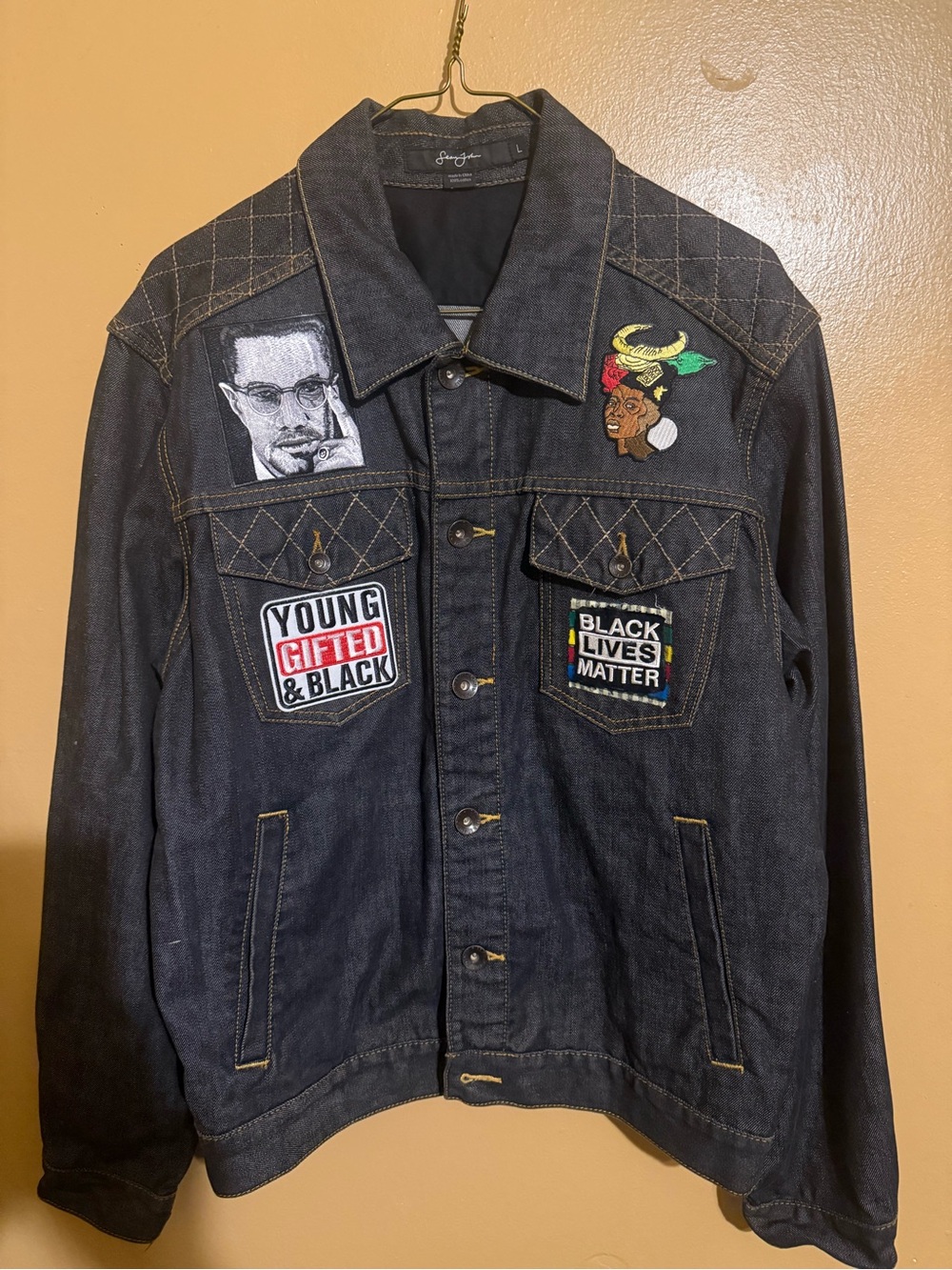 Mens Black Patchwork Denim Jacket with Social Justice Patches Large